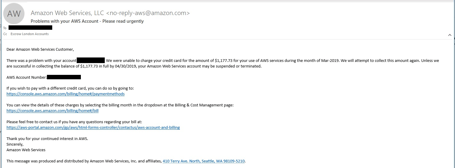 AWS unpaid email