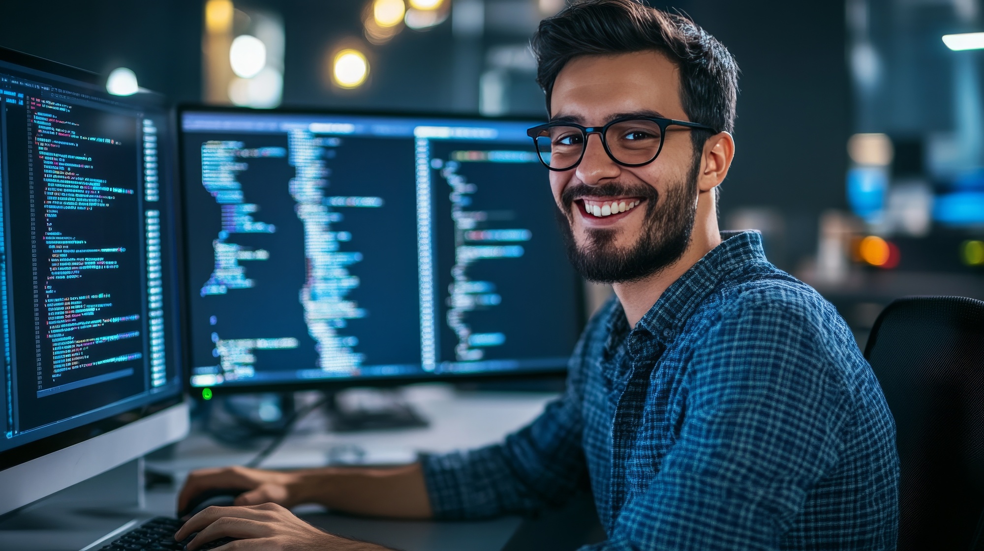 smiling software developer looking into the camera, bright blue background, concept: Skilled workers, shortage of skilled workers, recruiting